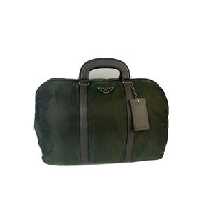 Prada Dark Green‎ Nylon Boston Bag Travel Duffel Leather Trim Authentic